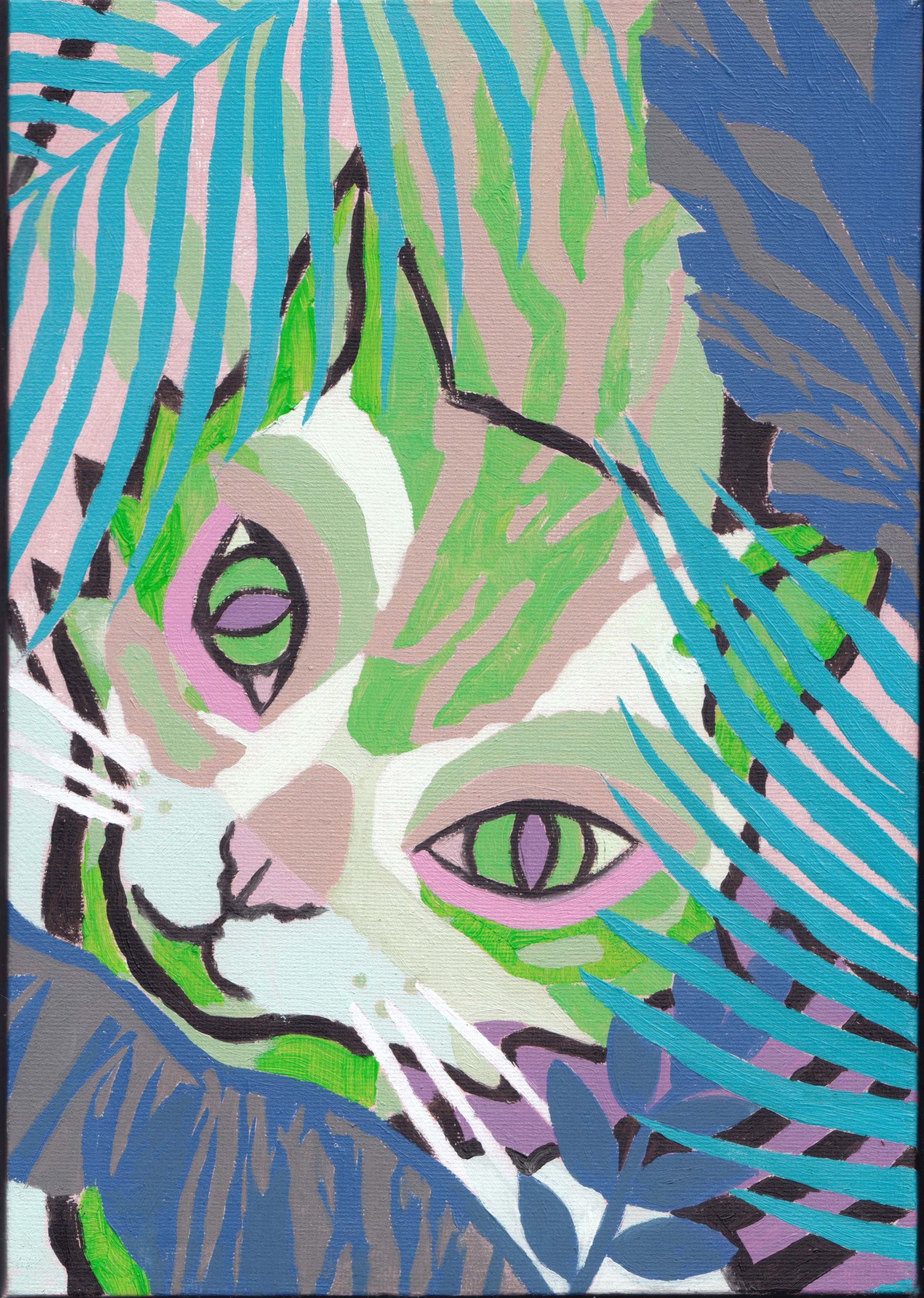 a painting of a cat in the jungle