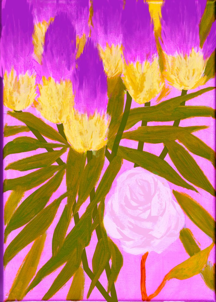 a mostly pink painting of flowers, a rose and a bushy type with leaves